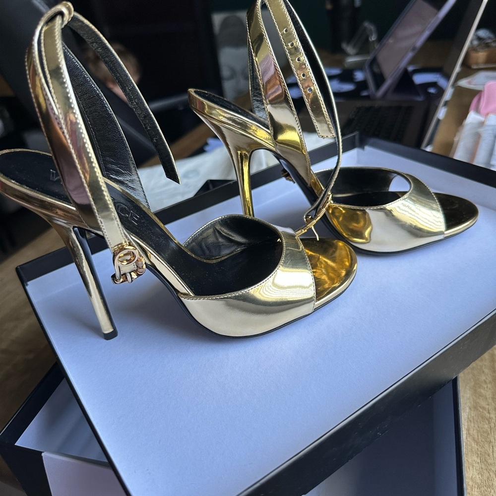 Versace Gold Safety Pin Heel Sandals